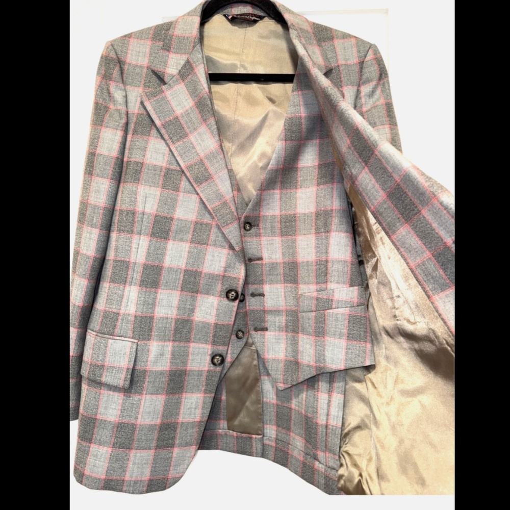 Vintage American Craftsmen Suit Jacket and Vest Plaid Grey Red Made in USA